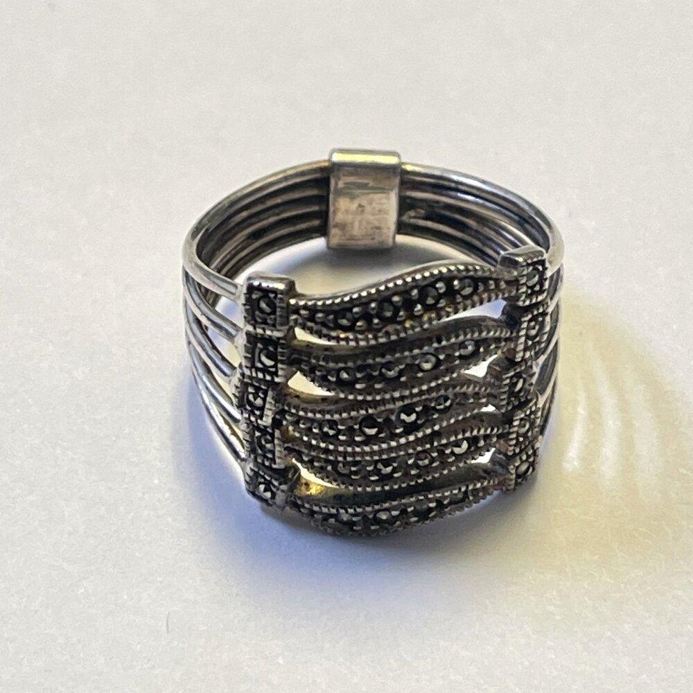 Vintage 925 Sterling Silver Marcasite Multi Row Ring Size 8